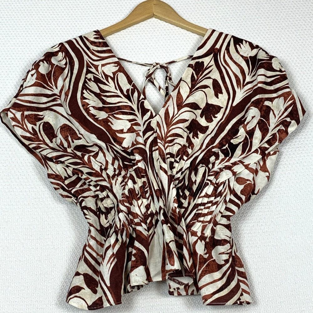 Parker NY Hallie Linen Blend Peplum Blouse Womens 8 Smocked Flutter Sleeve